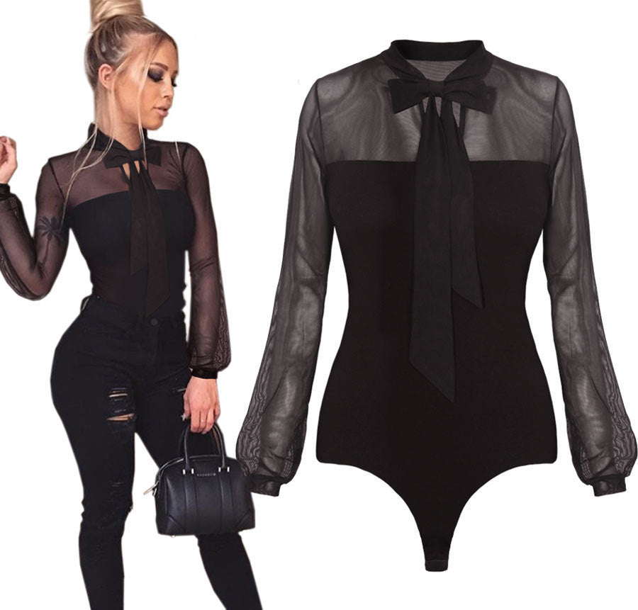 Black Bow Lace Mesh Long Sleeve One-piece See-through Shirt