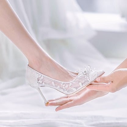 Women's White High Heels Wedding Dress Crystal