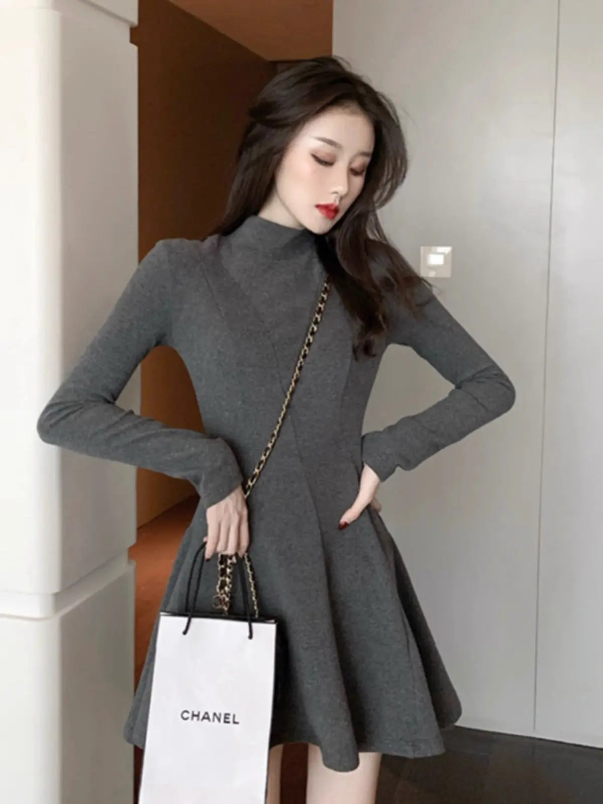 Autumn And Winter Half-high Collar Waist Trimming Short Coat Inner Wear Dress High-grade Bottoming Ladies Glamour Gale