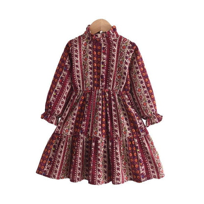 Dress Stand Collar Long Sleeve Print Girl