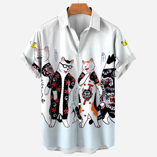 Cat Pattern Men's Shirt 3D Printing Four-sided Elastic Short Sleeve Shirt