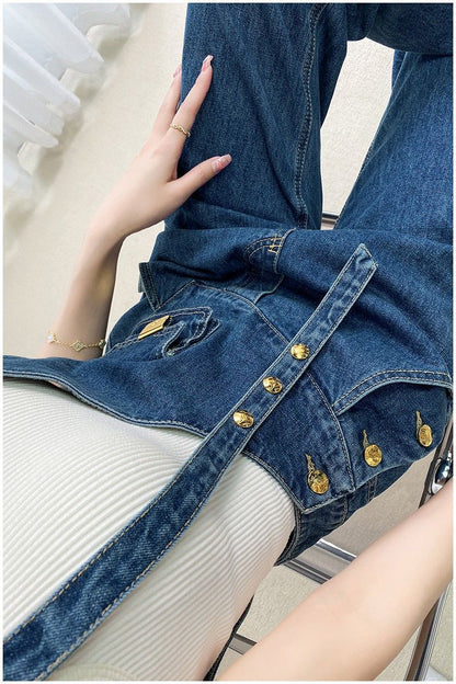 Women's Metal Buckle Versatile Asymmetric Small Waist Bag Denim Suspender Pants