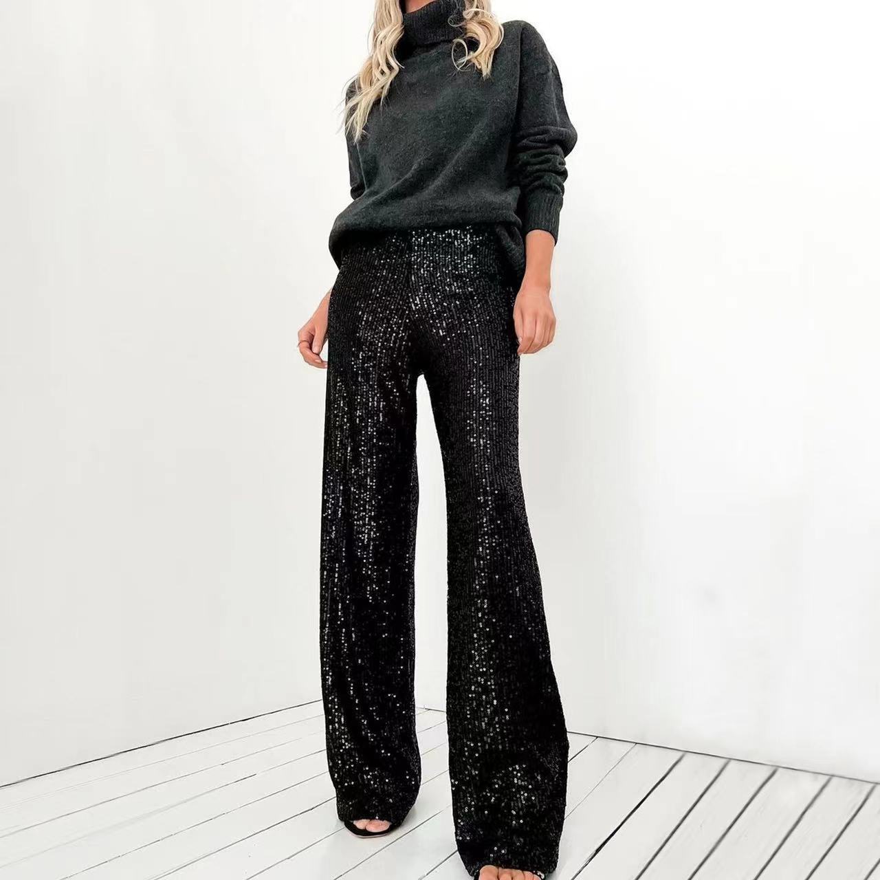 Pure Color Sequins Fashion Casual Straight Pants