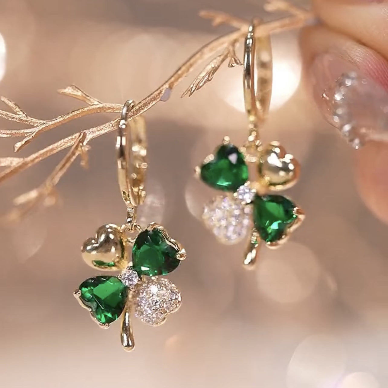 Micropaved Zirconia Clover Earrings Color Block Dark Green Crystal