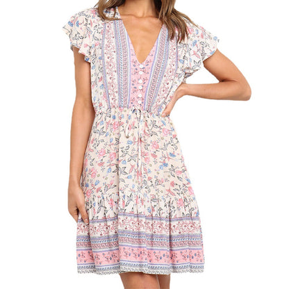 V-neck Short Sleeve Large Swing Bohemian Dress