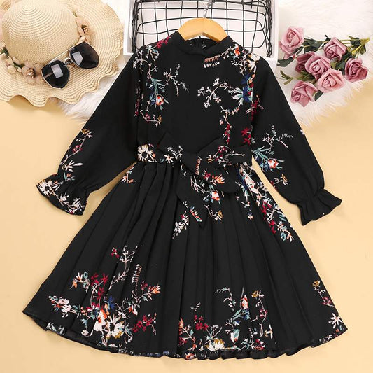 New Girls' Dress Long Sleeve Broken Flower Retro Pleated