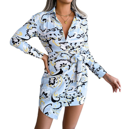 Long Sleeve Printed Casual Lace-up Shirt Dress