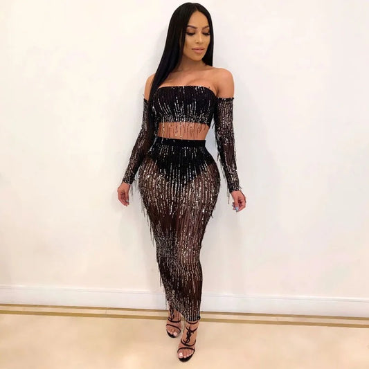 Fashion Sexy See-through Mesh Sequins Tassel Two-piece Set