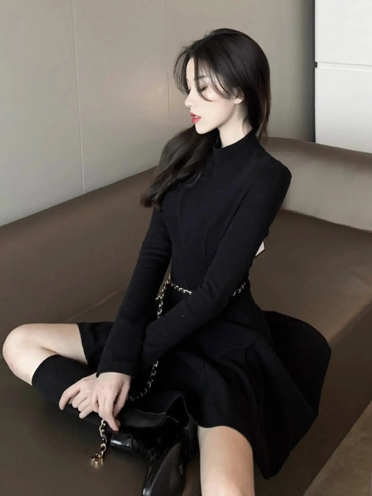 Autumn And Winter Half-high Collar Waist Trimming Short Coat Inner Wear Dress High-grade Bottoming Ladies Glamour Gale