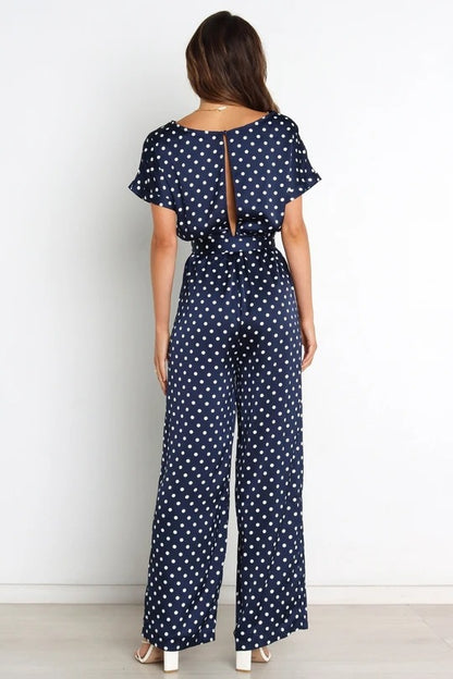 Women's Round Neck Short Sleeve Polka Dot Printed Lace Up Waist-tight Jumpsuit