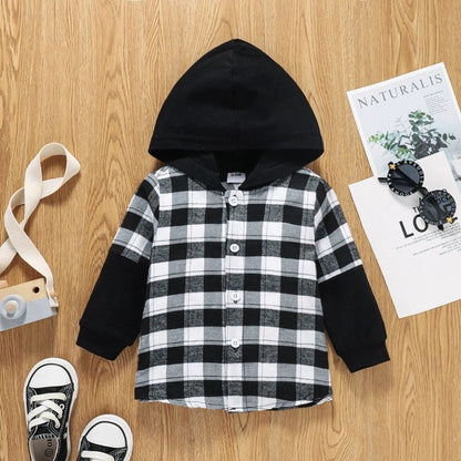 Hooded Plaid Sleeves Single Breasted Top Boys Middle Child Shirt Jacket