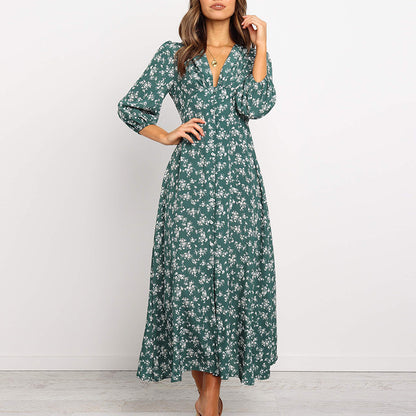 Printed V-neck long sleeve chiffon dress