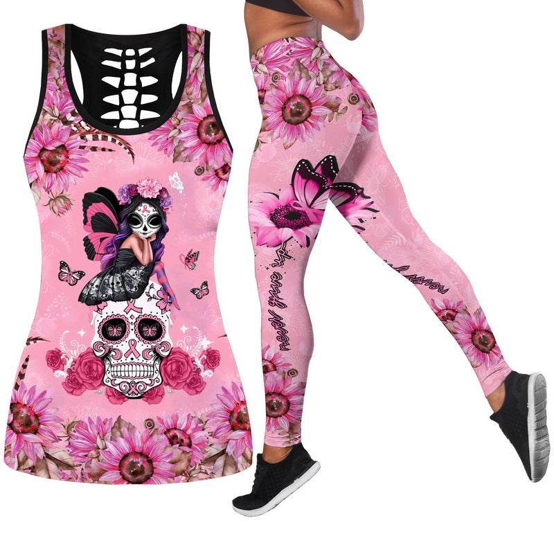 Printed Ladies Hollow Vest Leggings Casual Sports Suit