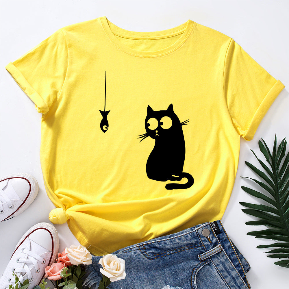 Women's Cute Cat Loose Round Neck Cotton Short Sleeve