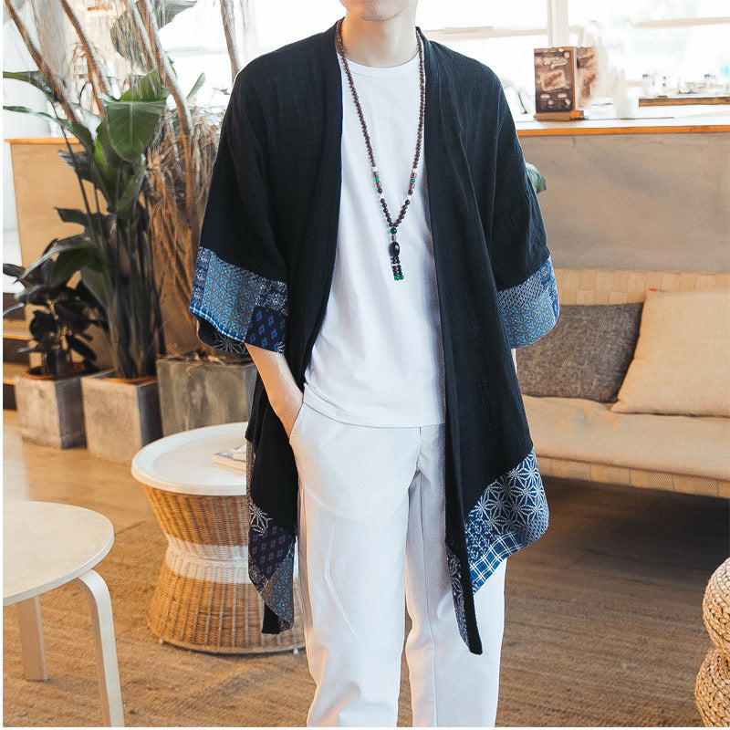 Men's mid-length long-sleeved cotton and linen jacket