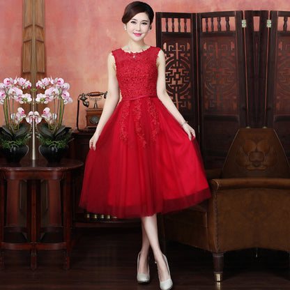 new mid-length pink evening dress banquet double shoulder graduation dress