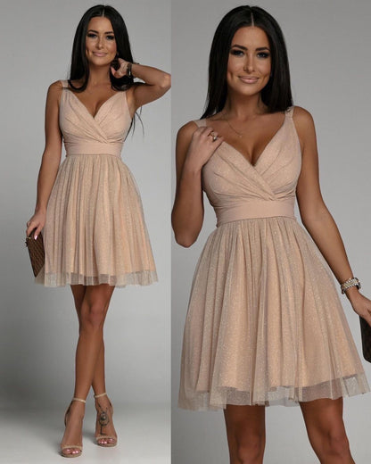 Women Elegant Glitter Sleeveless Deep V Neck Mesh Party Dress - Glamour Gale