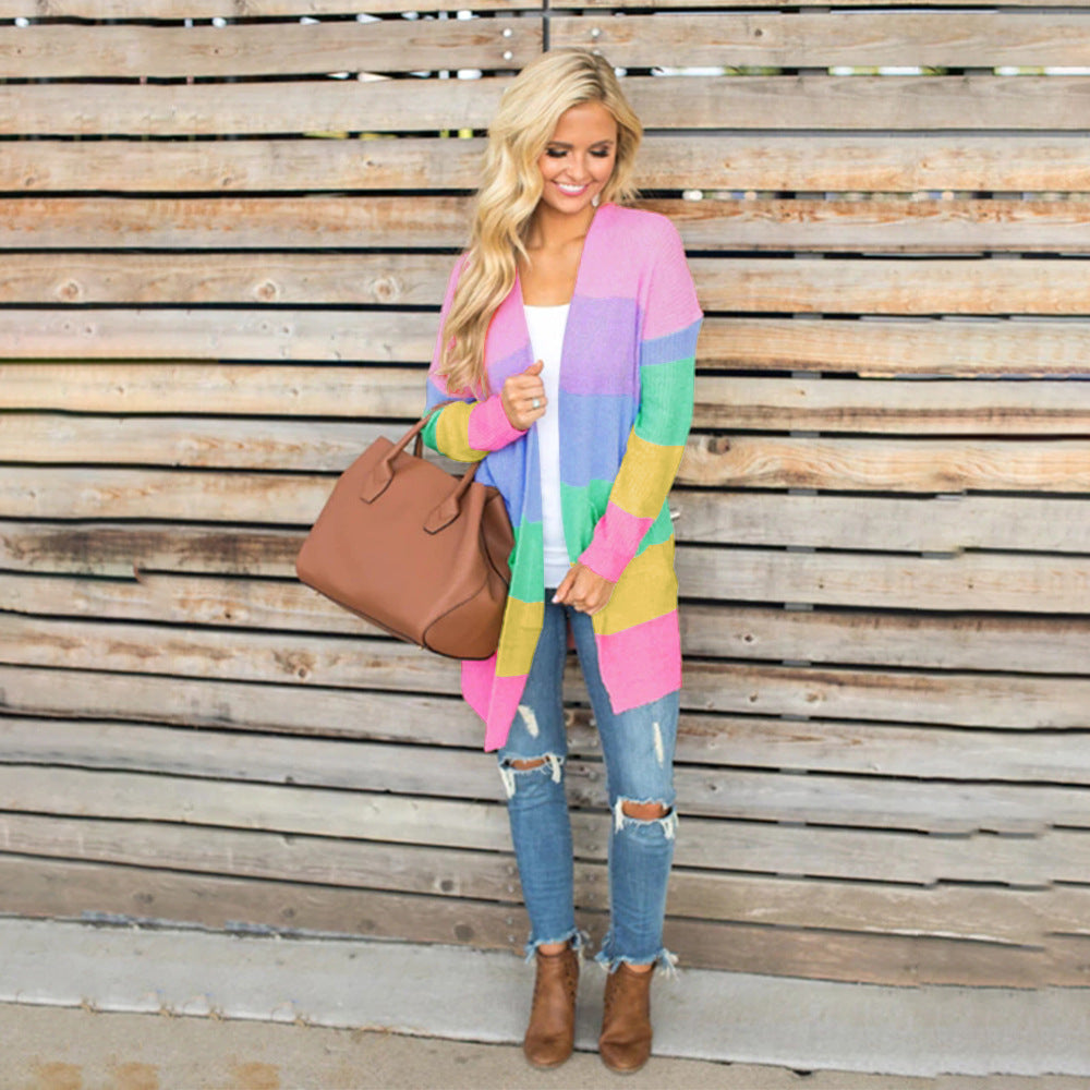 Colorful rainbow stitching cardigan