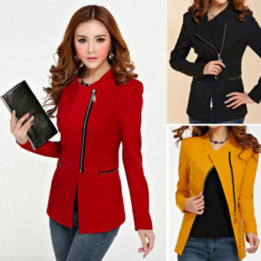 Women's Fashion Solid Color Zip Slim Fit Blazer