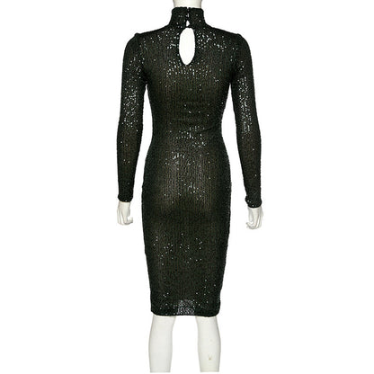 Women's stand-up collar long-sleeved sequin dress