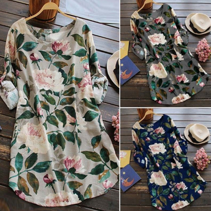 Cotton and linen dress female sweet print loose ladies skirt dress