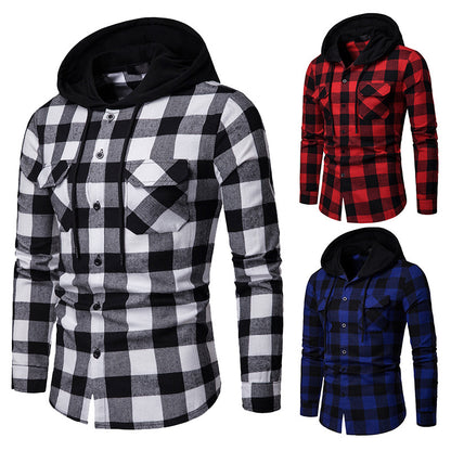 Spring and Autumn Plaid Casual Hooded Long Sleeve