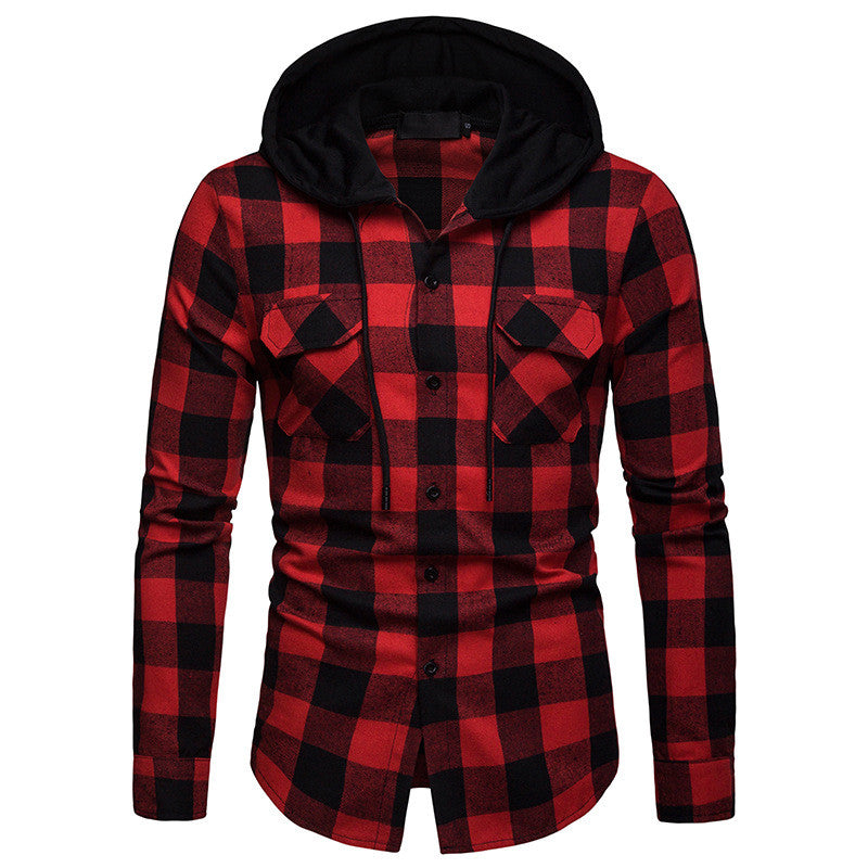 Spring and Autumn Plaid Casual Hooded Long Sleeve