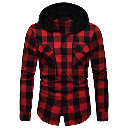 Spring and Autumn Plaid Casual Hooded Long Sleeve