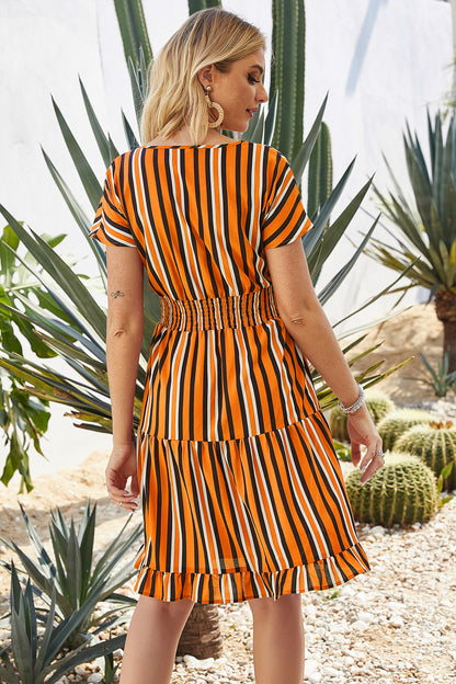 Multi-section stitching striped ruffle dress