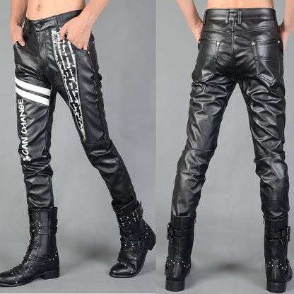 Men's Casual Autumn And Winter Men's Tight-fitting Zipper Stitching Leather Pants