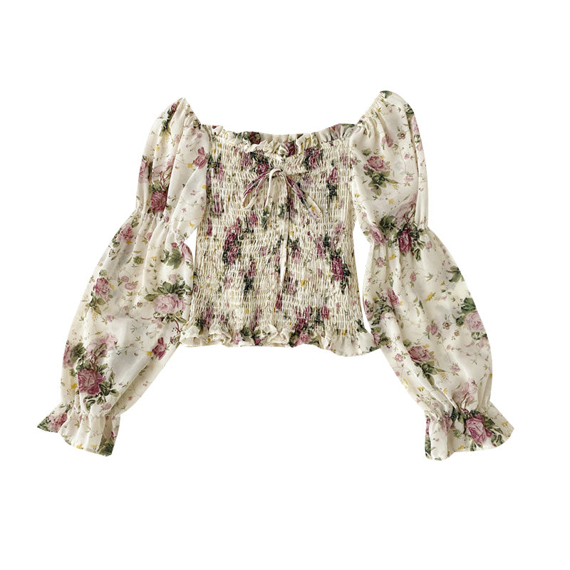 One-shoulder floral lace-up ruffled chiffon shirt