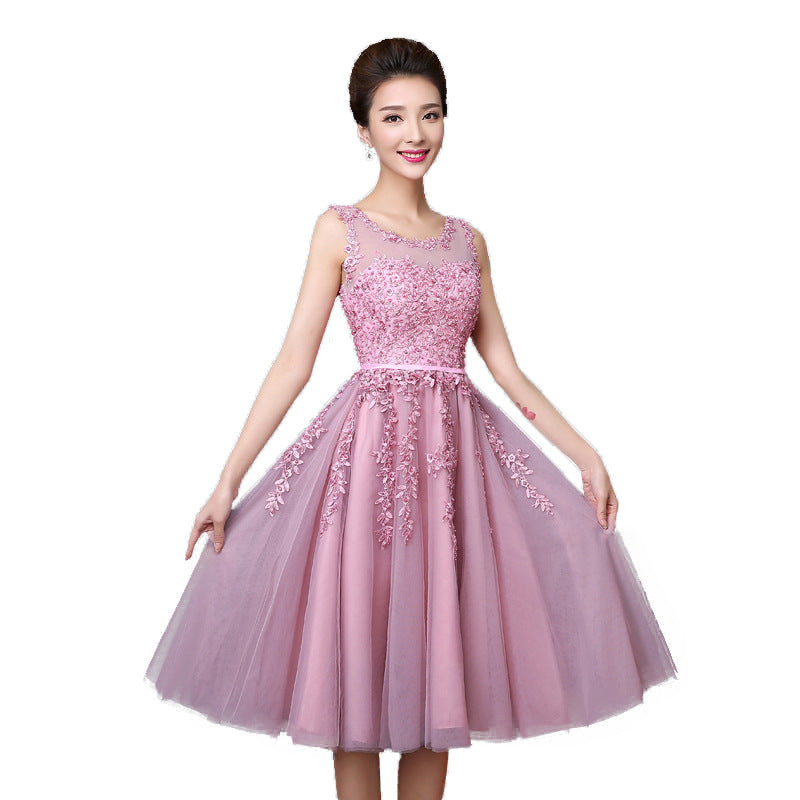 new mid-length pink evening dress banquet double shoulder graduation dress