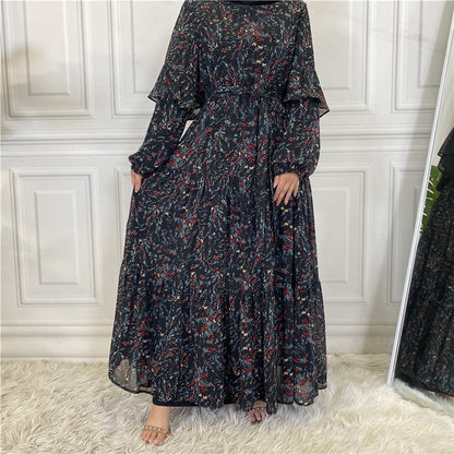 Muslim Long Sleeve Lined Chiffon Printed Lace-up Female Dress Large Swing Dress