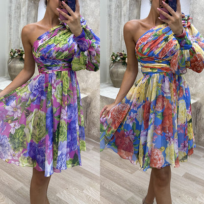 European And American New Slant Shoulder Casual Women's Printed Wear Dress INS