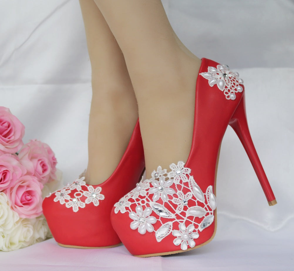 Lace High-heeled Shoes Rhinestone Pearl Stiletto Heel Pumps