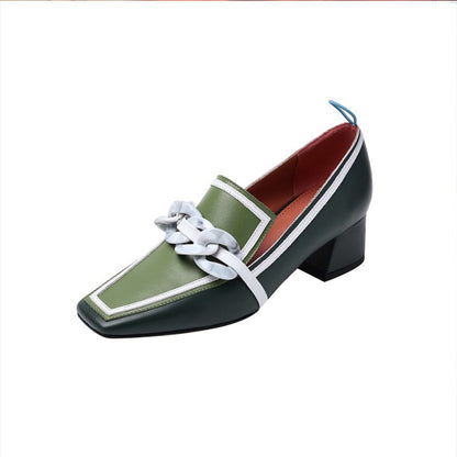 Color Matching Square Toe Women's Shoes Green Mid-Heel English Style Small Leather Shoes