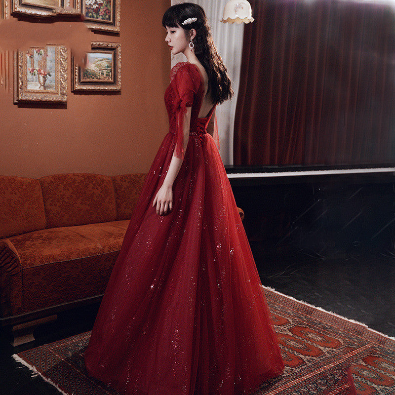 Female Wine Red Banquet Temperament Dress