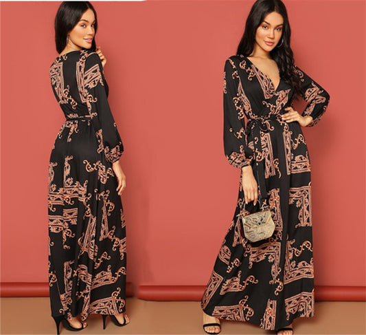 Printed Belt Dress Retro Evening Dress