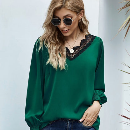 Lace V-neck Long-Sleeved Chiffon Shirt