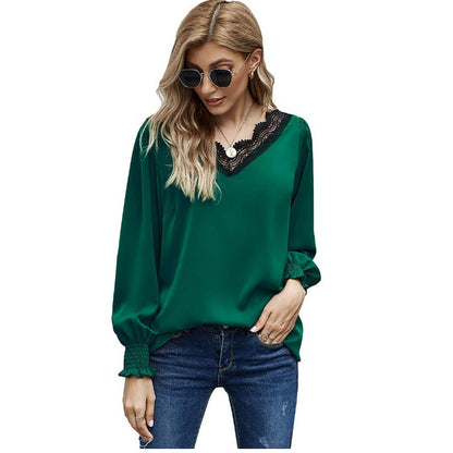 Lace V-neck Long-Sleeved Chiffon Shirt