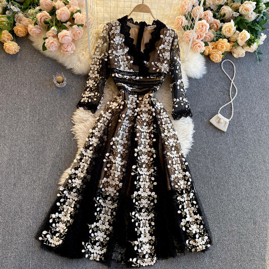 Heavy Industry Embroidery Flower Mid-sleeve High-end Dress