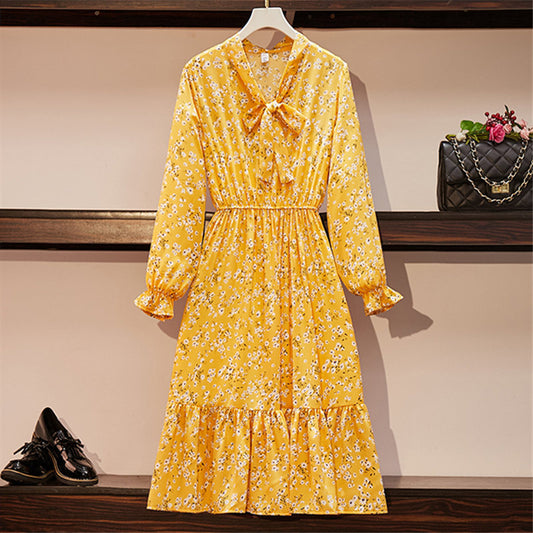 Retro Chiffon Dress Long Sleeved Female Slim Bottoming Floral Skirt