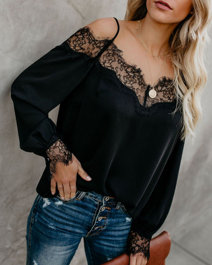 Lace Stitching Chiffon Long-sleeved Top Shirt