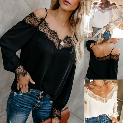 Lace Stitching Chiffon Long-sleeved Top Shirt