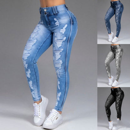 Hot Sale Ladies Jeans Ripped Holes Show Thin Stretch Jeans Trousers Women Trousers