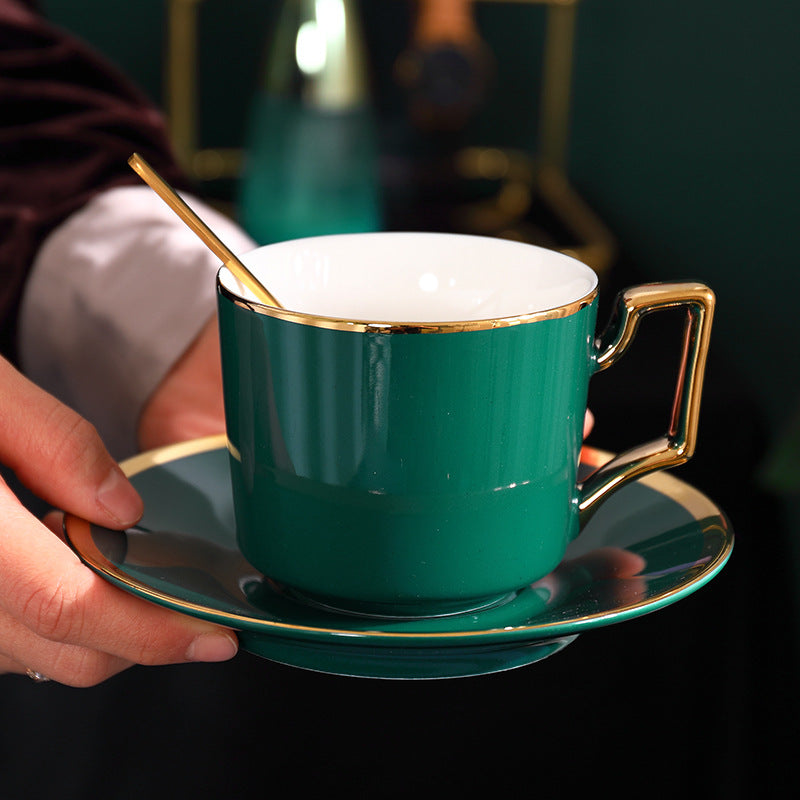 Ceramic Cup With Spoon Dark Green Coffee Cup And Saucer