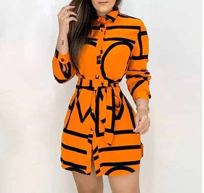 Printed Long-Sleeved Shirt Dress Women Cross-Border