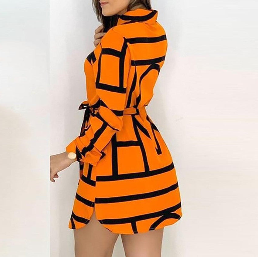 Printed Long-Sleeved Shirt Dress Women Cross-Border