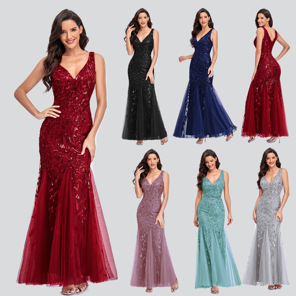 New Dress Sexy Long Skirt Sleeveless V-Neck Embroidered Sequins Slim Fishtail Bridesmaid Evening Dress Women - Glamour Gale