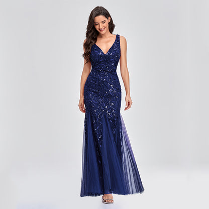 New Dress Sexy Long Skirt Sleeveless V-Neck Embroidered Sequins Slim Fishtail Bridesmaid Evening Dress Women - Glamour Gale